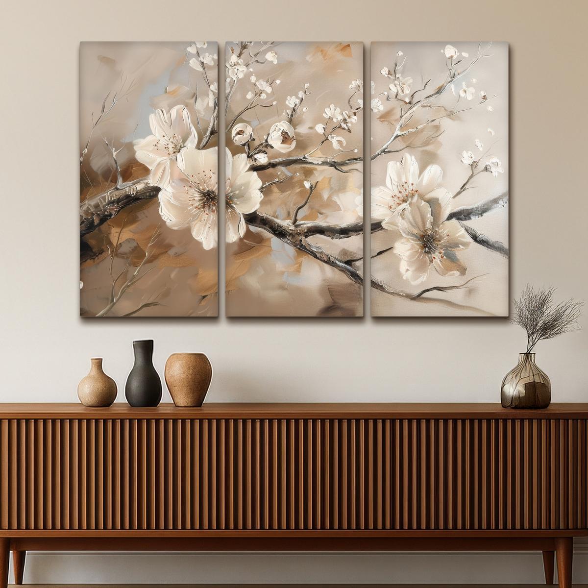 LEINWANDBILD 3er Set Blüte - Beige - Abstrakt - Blumen 180x120 cm - Hellbraun, Textil (180/120cm) - MuchoWow