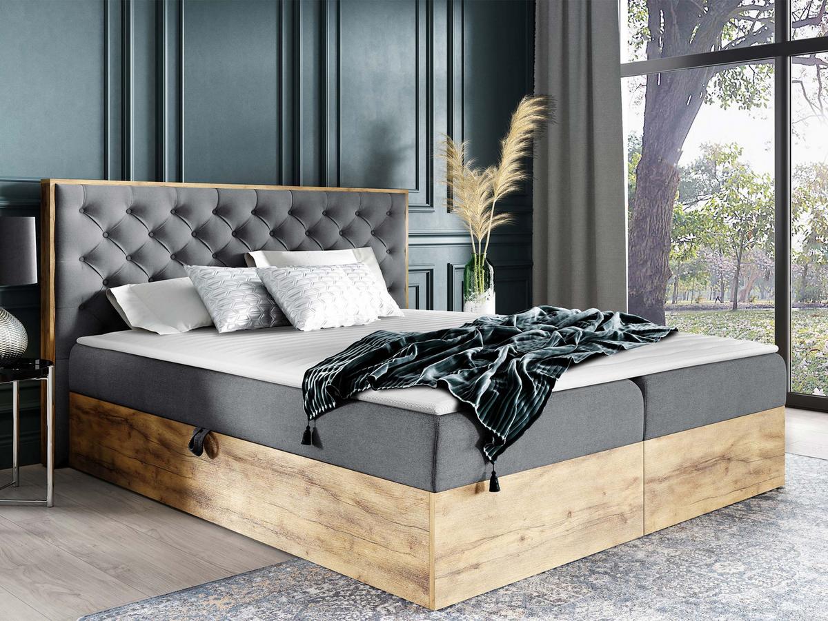BOXBETT Wood 3 - H3 - Eiche Wotan/Grau, Holz/Textil (160/200cm) - MIRJAN24