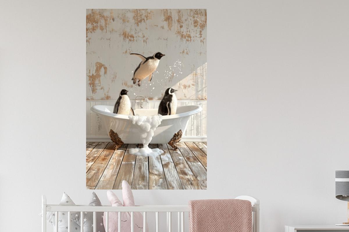 WANDTATTOO Vintage - Pinguin - Badewanne - Schaumstoff Wandaufkleber 80x120 cm - Schwarz, Kunststoff (80/120/0.1cm) - MuchoWow