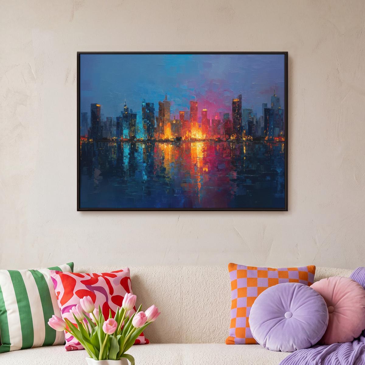 LEINWAND Bilder mit Rahmen - Skyline - Pinselstriche - Dunkelblau - Leuchtend - 80x60 - Blau, Textil (80/60cm) - MuchoWow