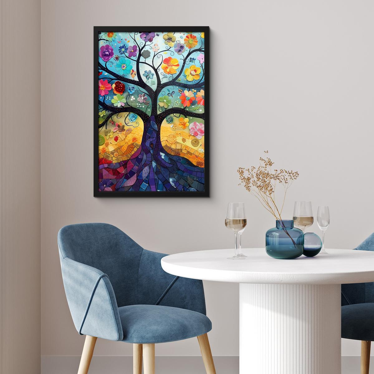 POSTER MIT RAHMEN Kunst - Baum des Lebens - Blumen - Hippie Bilder mit Rahmen 40x60 cm - Dunkelblau, Papier (40/60cm) - MuchoWow