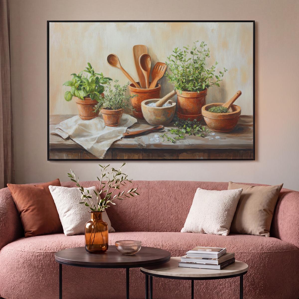 LEINWAND Bilder mit Rahmen - Töpfe - Kräuter - Holz - 140x90 - Terracotta, Textil (140/90cm) - MuchoWow