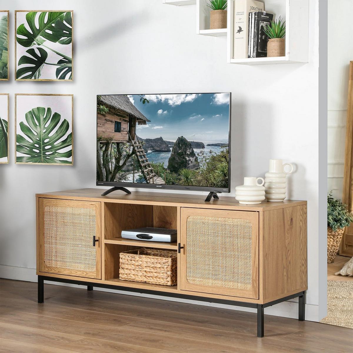 TV-MÖBEL mit 2 Türen, Rattangeflecht und 2 Ablagen - L120cm - Eschefarben, Holzwerkstoff (39/51/45cm) - Calicosy