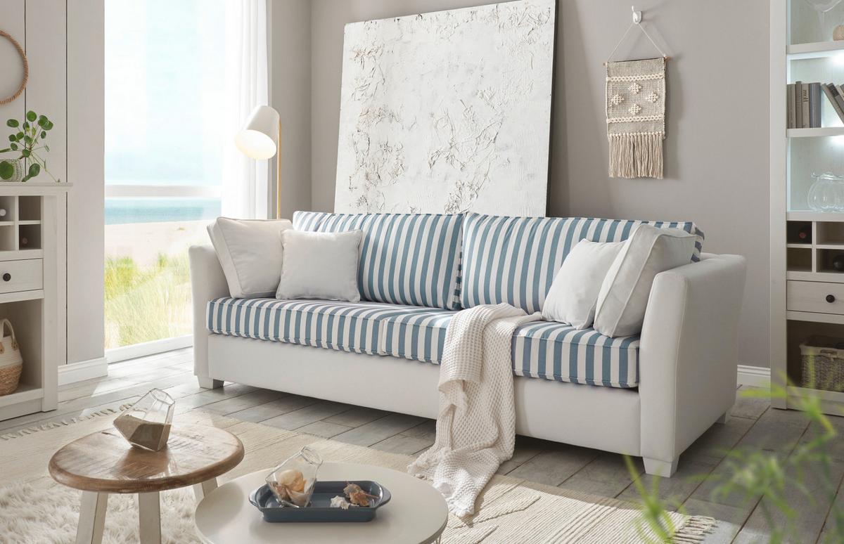 SOFA 2,5-Sitzer creme blau gestreift, Landhaus 200 cm, Couch inklusive 4 Kissen - Blau/Creme, Holz/Textil (200/88/96cm) - Furn.Design