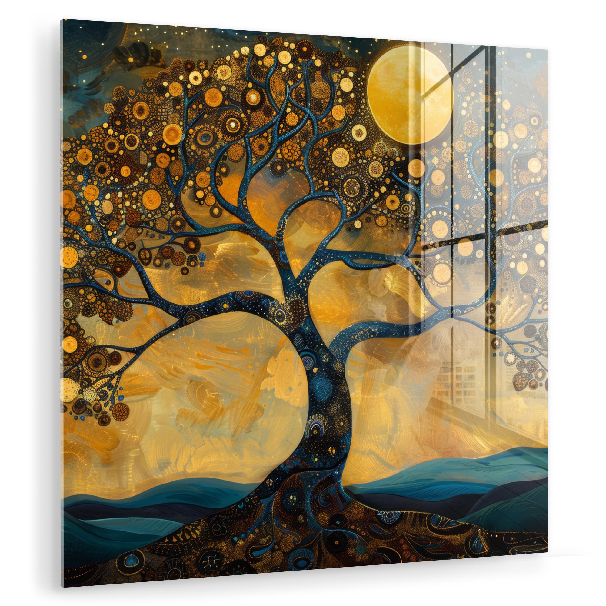 ACRYLGLASBILD Baum - Mond - Blumen - Gold - Kunst 90x90 cm - Orange, Glas (90/90cm) - MuchoWow