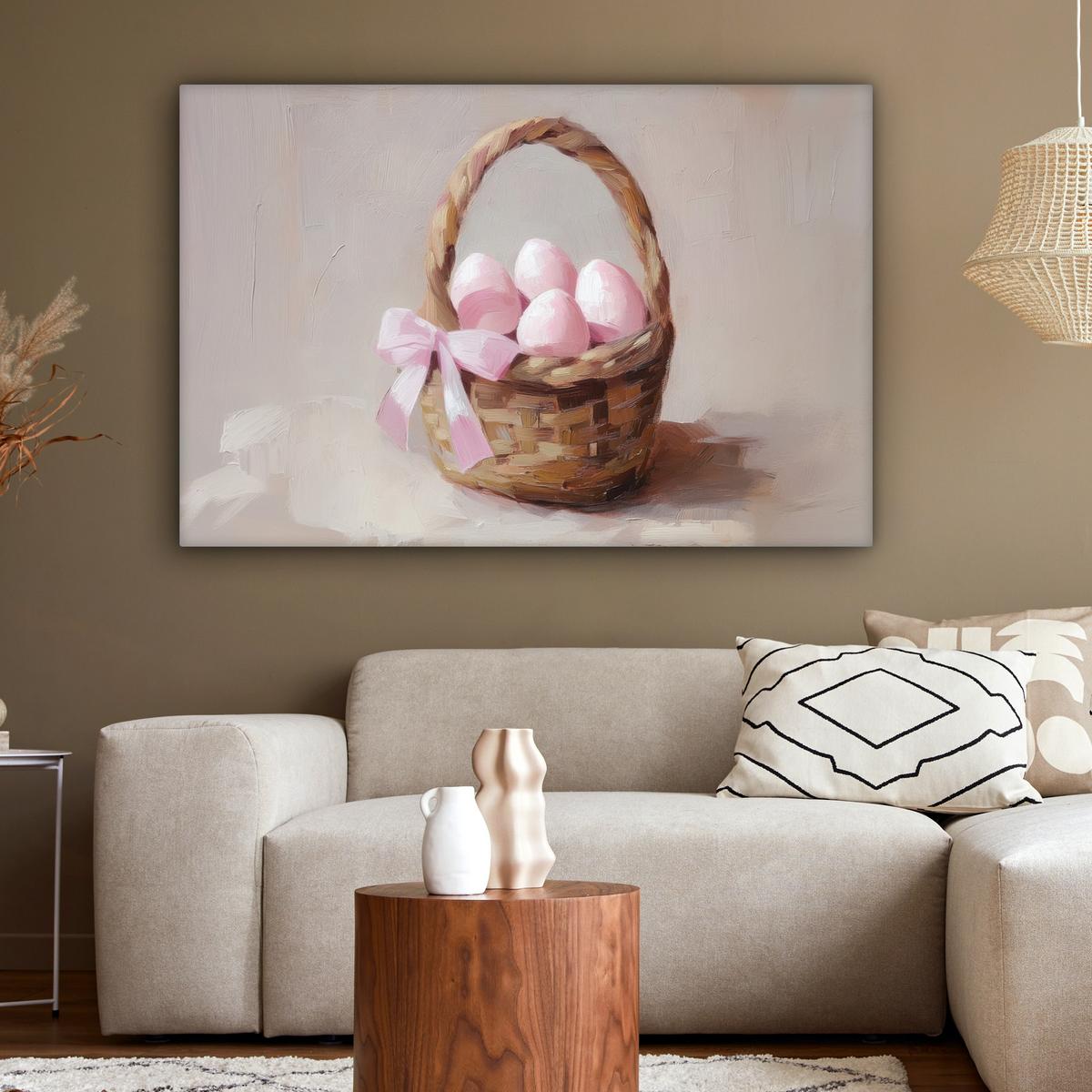 LEINWANDBILD Korb - Eier - Rosa XXL 150x100 cm - Beige, Textil (150/100cm) - MuchoWow