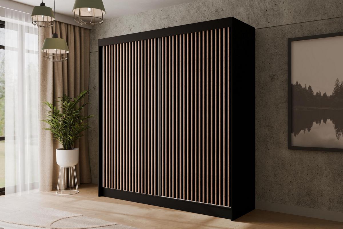 KLEIDERSCHRANK mit Lamel-Schiebetüren VILANv2 - 200 cm Schwarz + Lamelle Eiche Wotan - Eiche Wotan/Schwarz, Holzwerkstoff (200/215/61cm) - ALTDECOR
