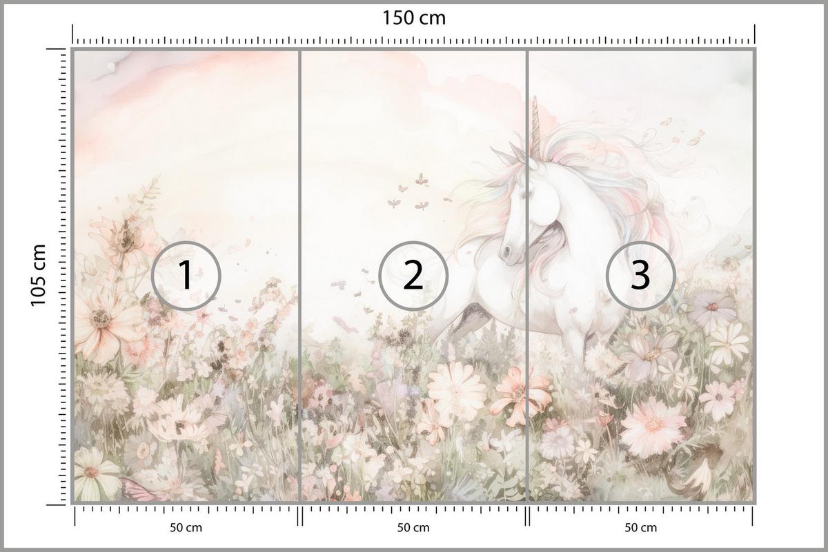 FOTOTAPETE für Kinder Einhorn Blumen Aquarell 150x105 - Gelb/Beige, Papier (150/105cm) - Muralo