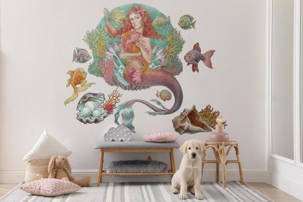 WANDAUFKLEBER 130x129cm - Meerjungfrauen-Zeichentrickwelt - Multicolor, Kunststoff (130/129/0.1cm) - Wallfluent