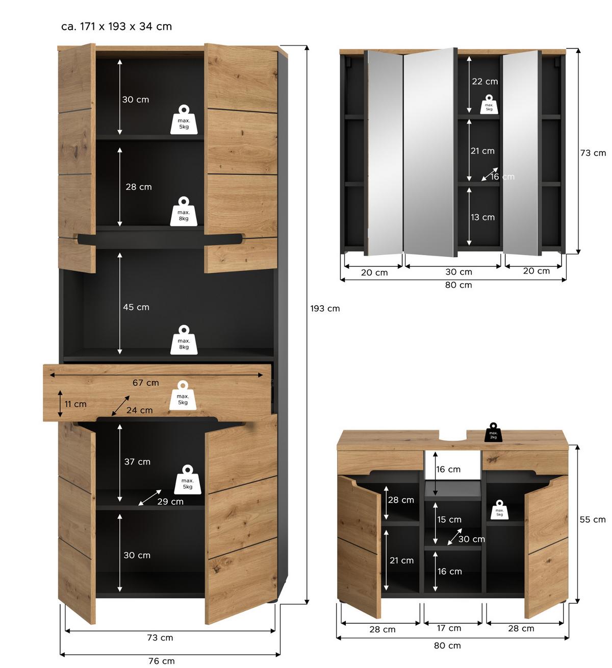 BADMÖBEL-SET Eiche, grau 3-teilig 171 cm, Komplettset mit Soft-Close - Schwarz/Eiche Artisan, Glas/Holzwerkstoff (171/193/34cm) - Inn.Furn
