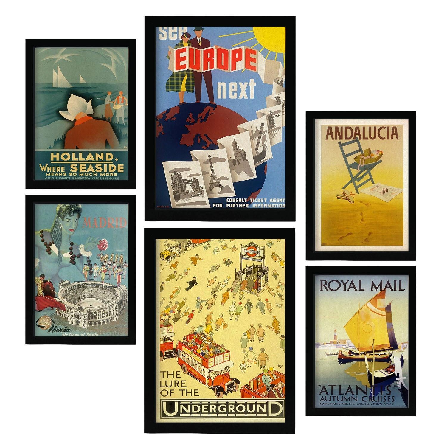 POSTER Set Mit 6 Europa Vollfarbige Illustrationen Von Vintage Tourismus Werbetafeln Aus Der Ganzen Welt Innenarchitektur A3 & A4 Rahmenlos - Klar, Papier (29/3cm) - Nacnic