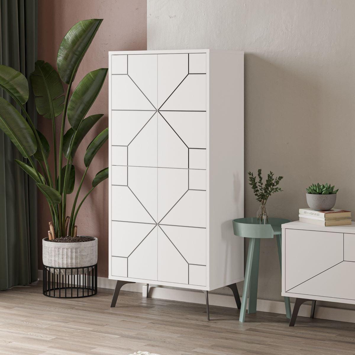 HIGHBOARD mit 4 weißen Türen und schwarzen Dekorationen H136 cm - Dune - Weiß, Holzwerkstoff (35.6/136/13cm) - Calicosy