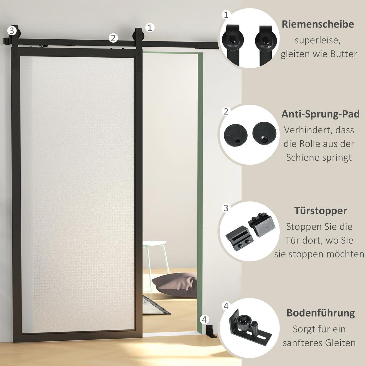 SCHIEBETÜREN-BESCHLAGSATZ, 183 cm Komplett-Set mit Schienen, Rollen, Anti-Sprung-Vorrichtungen, Türstopper, Schwarz - Schwarz, Metall (0.5/4/183cm) - HOMCOM