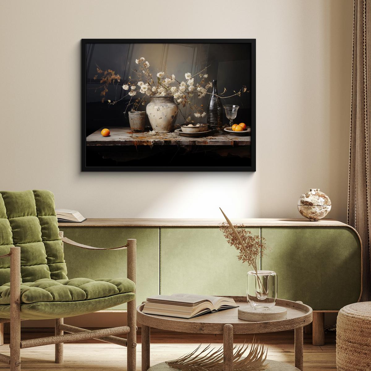 POSTER MIT RAHMENGERAHMTES BILD Stilleben - Blumen - Blumenstrauß - Vase - Wein 80x60 cm - Schwarz, Papier (80/60cm) - MuchoWow