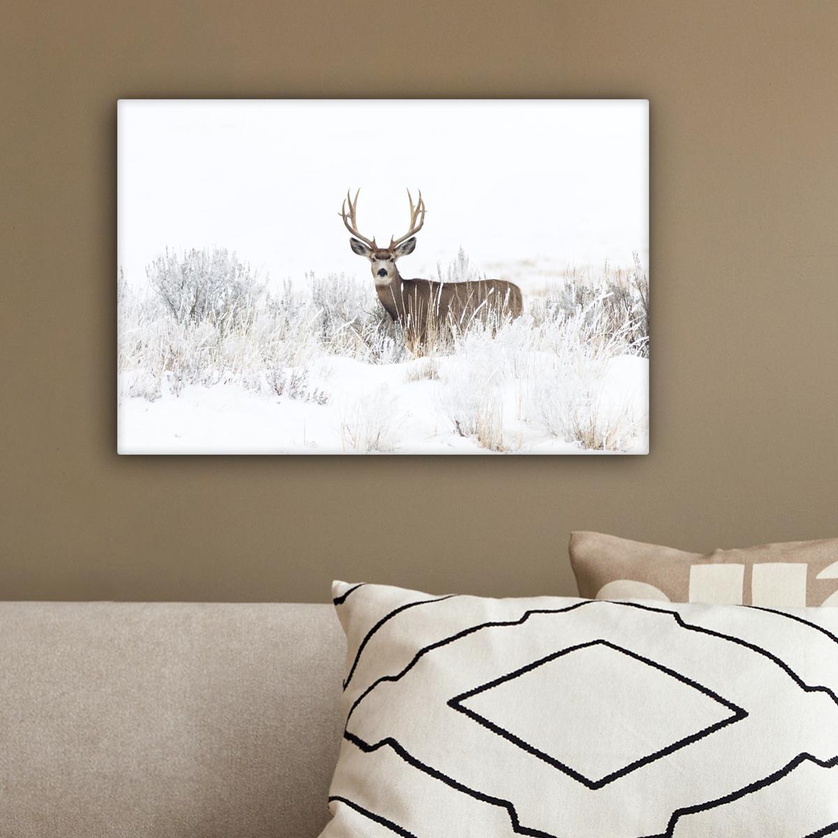 LEINWANDBILD Hirsche - Winter - Schnee - Tiere - Jahreszeiten - Weiß Deko Schlafzimmer 30x20 cm - Hellbraun, Textil (30/20cm) - MuchoWow