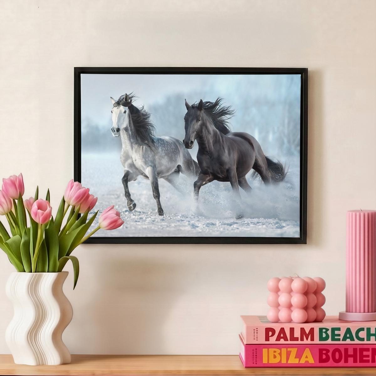 LEINWAND Bilder mit Rahmen - Pferde - Winter - Tiere - Natur - Schnee - 40x30 - Anthrazit, Textil (40/30cm) - MuchoWow