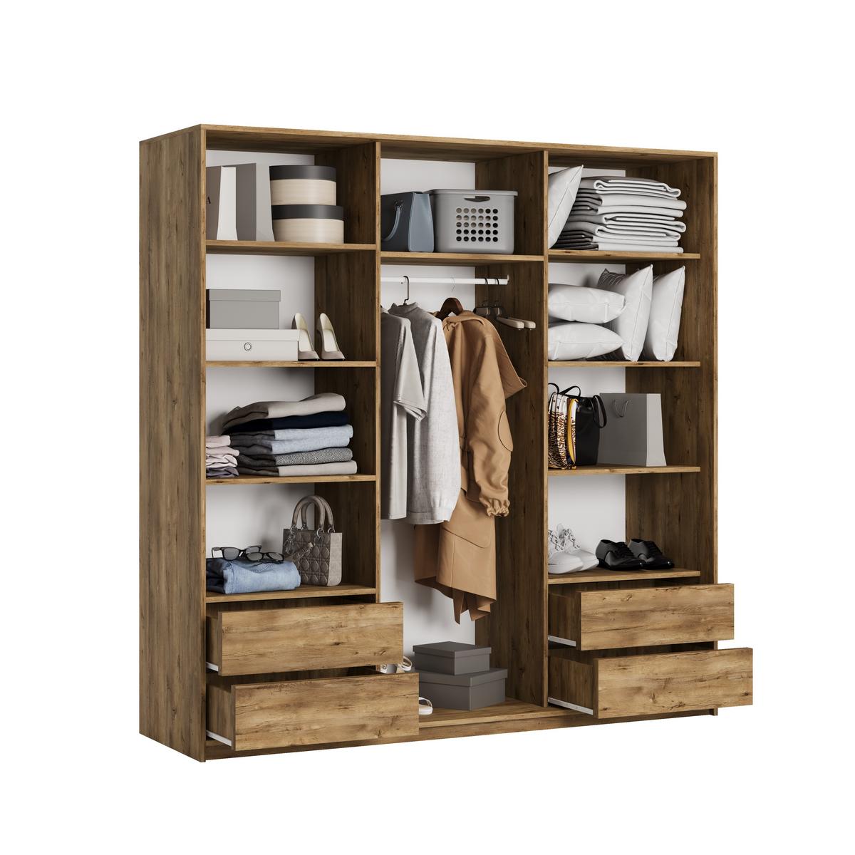 SCHWEBETÜRENSCHRANK VONTE 180/205/60 cm 3-türig mit Lamellen Eiche Lefkas - Eichefarben/Schwarz, Holzwerkstoff (180/205/60cm) - MASSENO