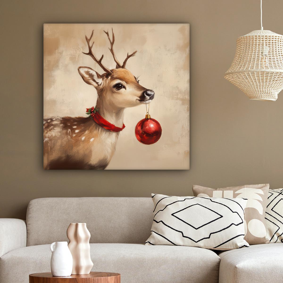 LEINWANDBILD Weihnachten - Hirsch - Geweih - Weihnachtskugel - Rentier Deko Groß 90x90 cm - Hellbraun, Textil (90/90cm) - MuchoWow