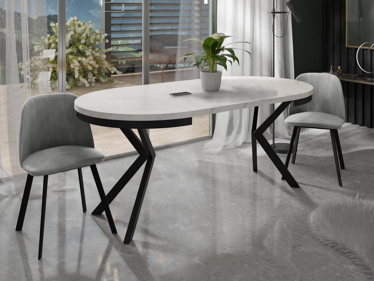 ESSTISCH Ross runder ausziehbarer, Marmor Weiß 100-180/100/76 cm - Ecru/Schwarz, Holzwerkstoff/Metall (100/180/76cm) - WFL GROUP