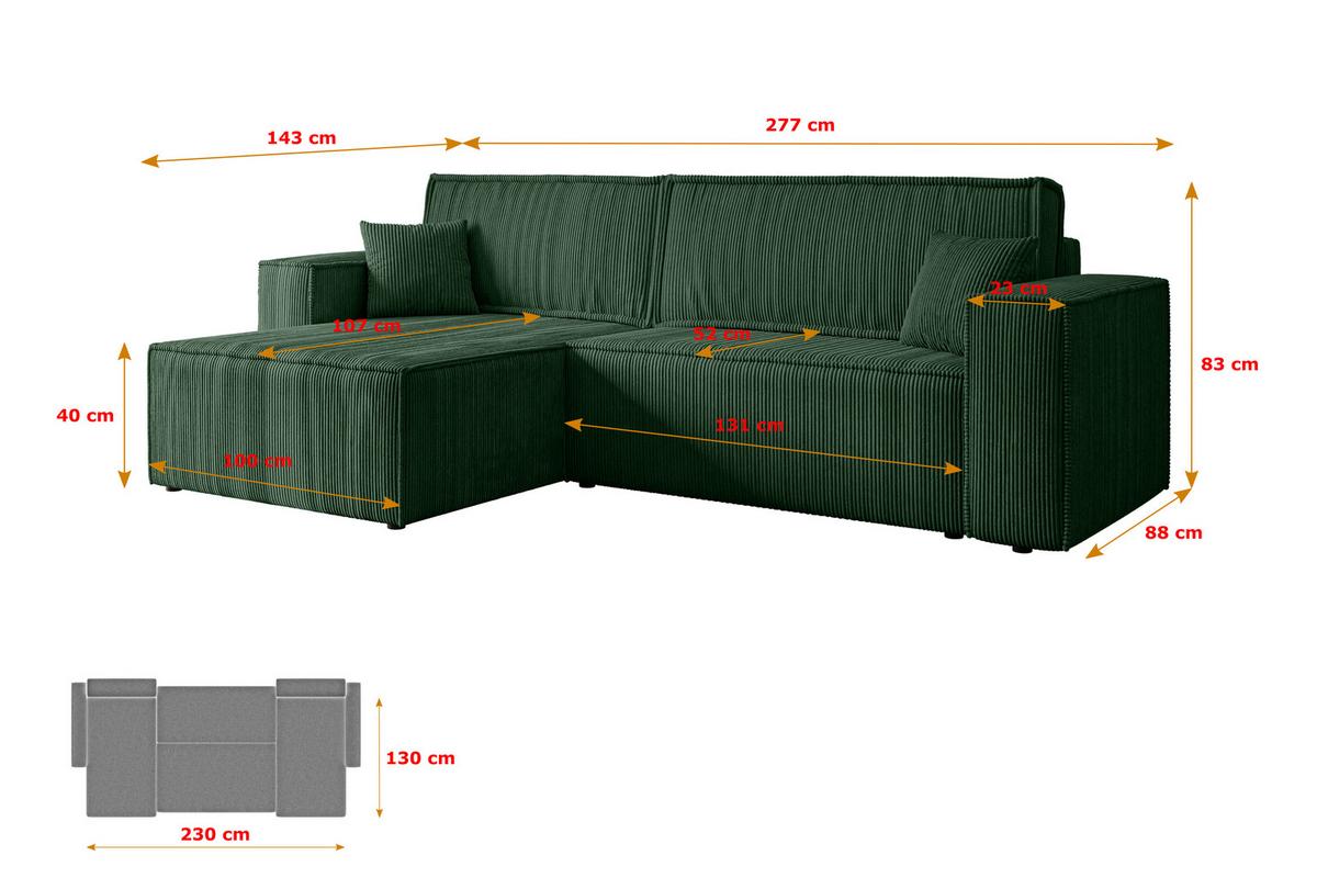 ECKSOFA mit Schlaffunktion und Bettkasten CELTIC-XL - 277x143x83 cm Grün Cord - Schwarz/Grün, Holzwerkstoff/Kunststoff (277/143cm) - ALTDECOR