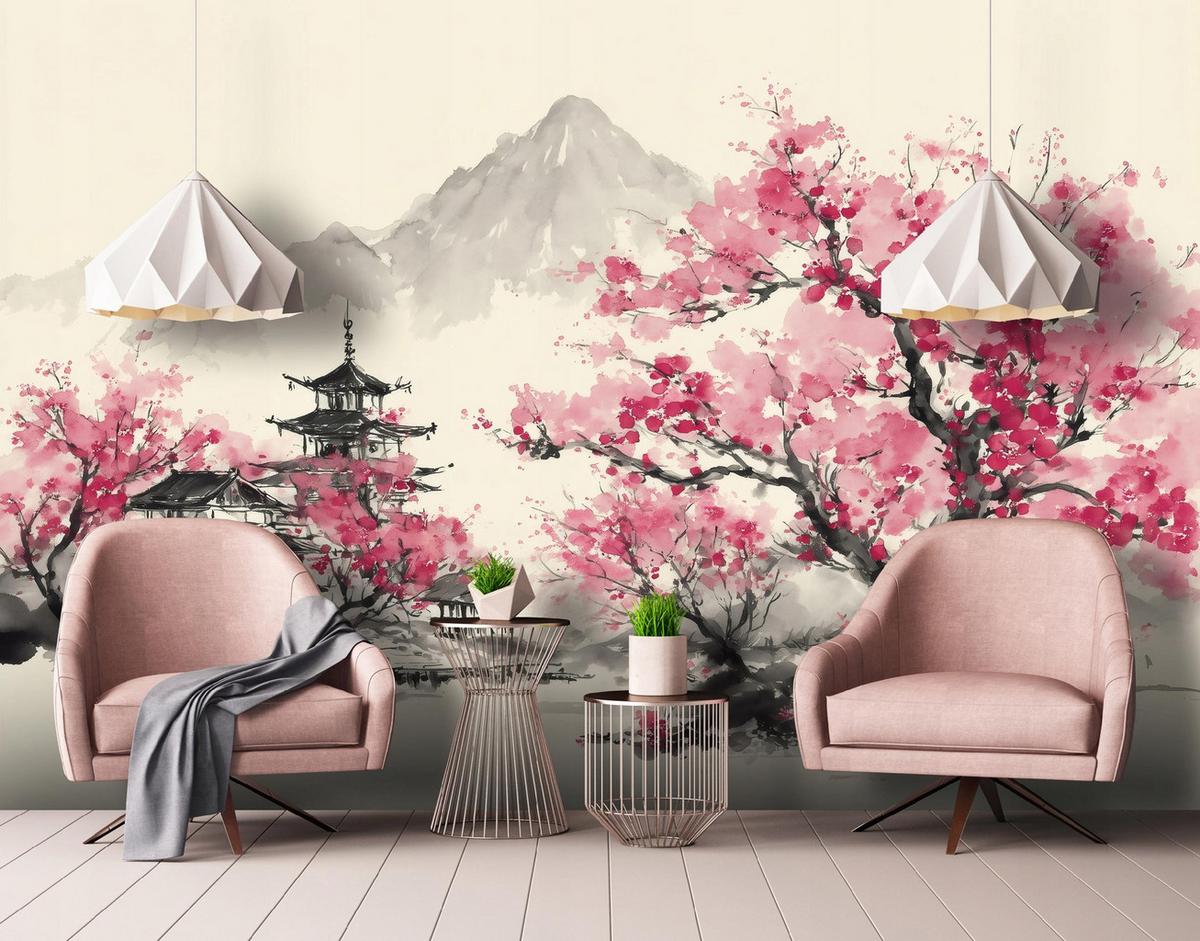 FOTOTAPETE Gebirge Kirschblüte Rosa 400x280 cm - Multicolor, Papier (400/280cm) - Wallarena
