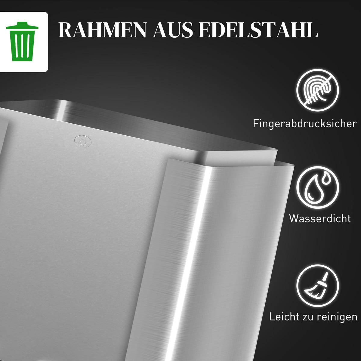 MÜLLEIMER 3x20L Abfalleimer aus Edelstahl mit Softclose Deckel Deodorant-Fächern - Silberfarben, Metall (36.6/56.7/61.9cm) - HOMCOM