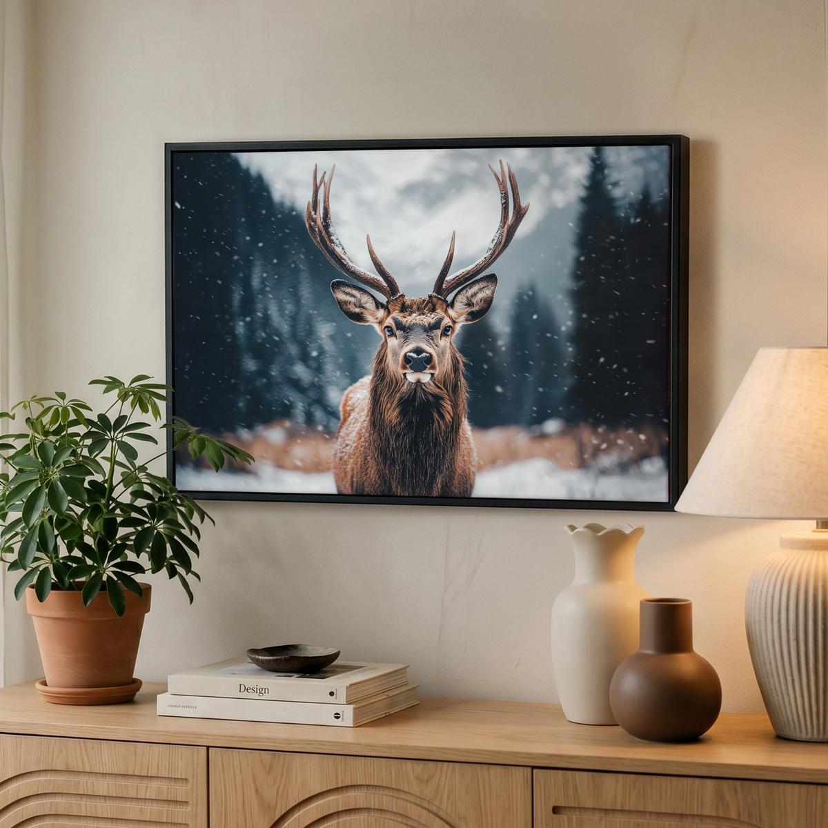 LEINWAND Bilder mit Rahmen - Hirsche - Tiere - Landschaft - Winter - Schnee - 60x40 - Kastanienfarben, Textil (60/40cm) - MuchoWow