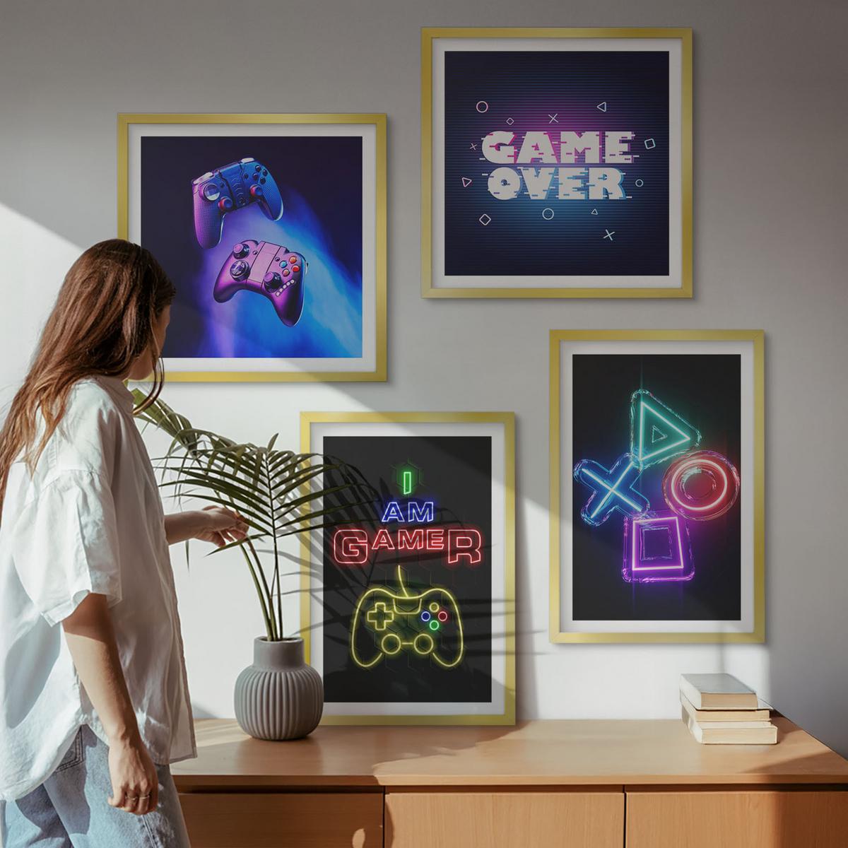 BILDER SET 4er Set - 50x50 cm & 40x60 cm Goldrahmen - Gamepads, Spielersymbol-Untertitel - Goldfarben, Kunststoff (50/50cm) - TULUP