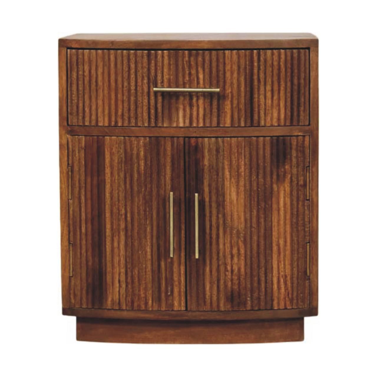 NACHTKASTEN Massivholz Geschwungen Geriffelt, 1 Schublade und 2 Regale mit Türen, Dunkelbraun - Hellbraun/Messingfarben, Holz/Metall (50/60/40cm) - Artisan Furniture
