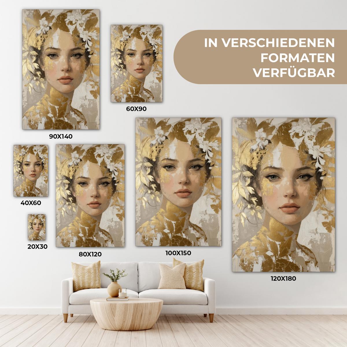 LEINWANDBILD Gesicht - Frau - Blätter - Gold Deko XXL 80x120 cm - Beige, Textil (80/120cm) - MuchoWow