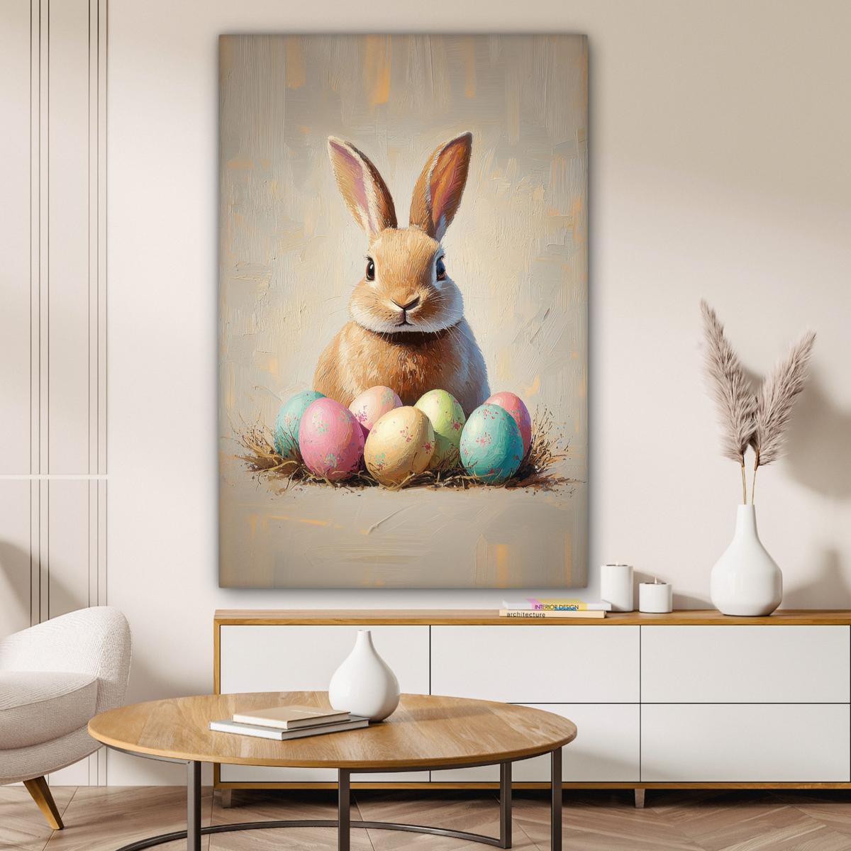 LEINWANDBILD Osterhase - Pastell - Eier Deko XXL 80x120 cm - Beige, Textil (80/120cm) - MuchoWow