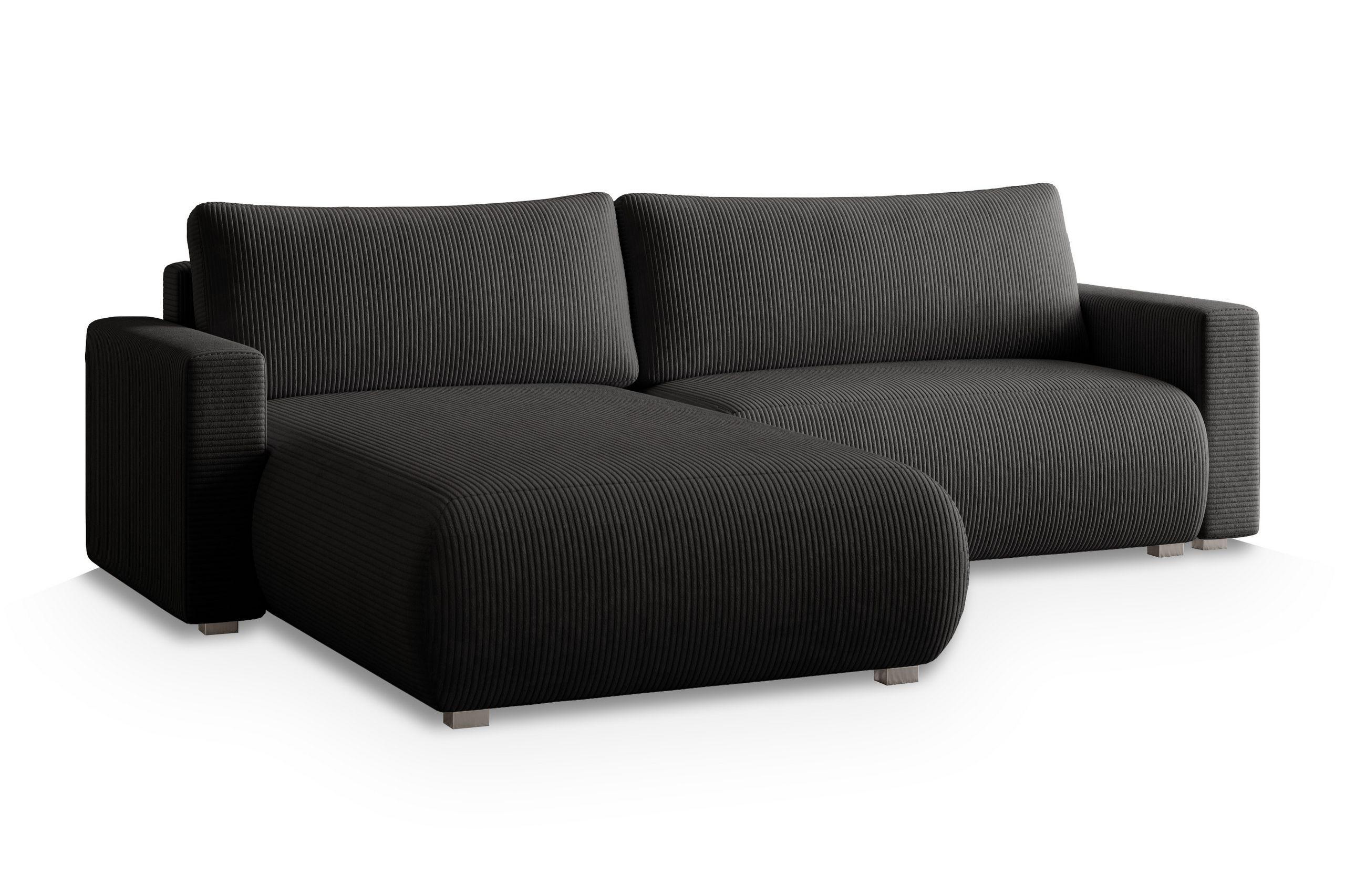 ECKSOFA TURIN P Schwarz Kordstoff mit Schlaffunktion - Schwarz/Grau, Holz/Kunststoff (265/183cm) - MASSENO