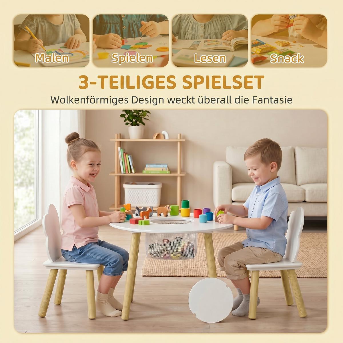 KINDERTISCH-UND-STUHLSET MDF Kiefernholz Weiß - Weiß/Kieferfarben, Holz (60/44/60cm) - AIYAPLAY