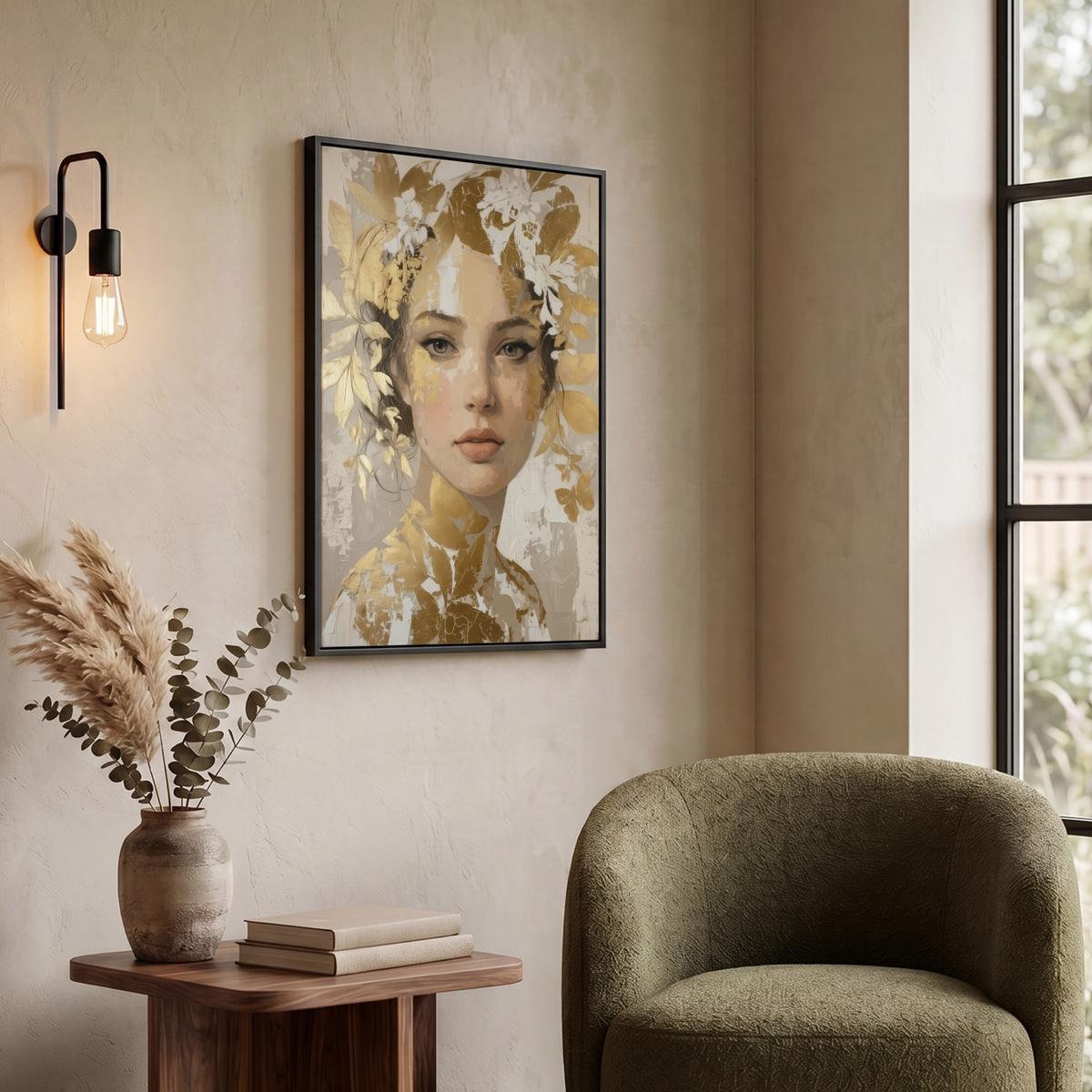 LEINWAND Bilder mit Rahmen - Gesicht - Frau - Blätter - Gold - 60x80 - Beige, Textil (60/80cm) - MuchoWow