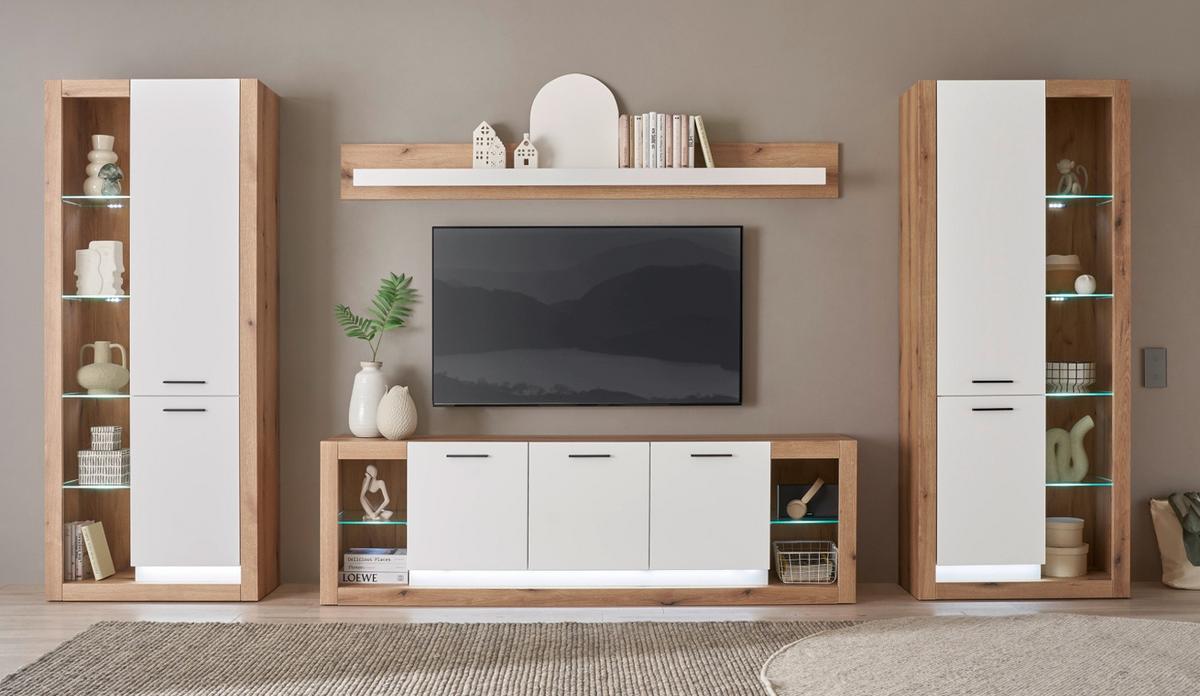 VITRINE weiß matt, Evoke Eiche, Vitrinenschrank 80 x 195 cm - Eichefarben/Silberfarben, Glas/Holzwerkstoff (80/195/37cm) - Furn.Design