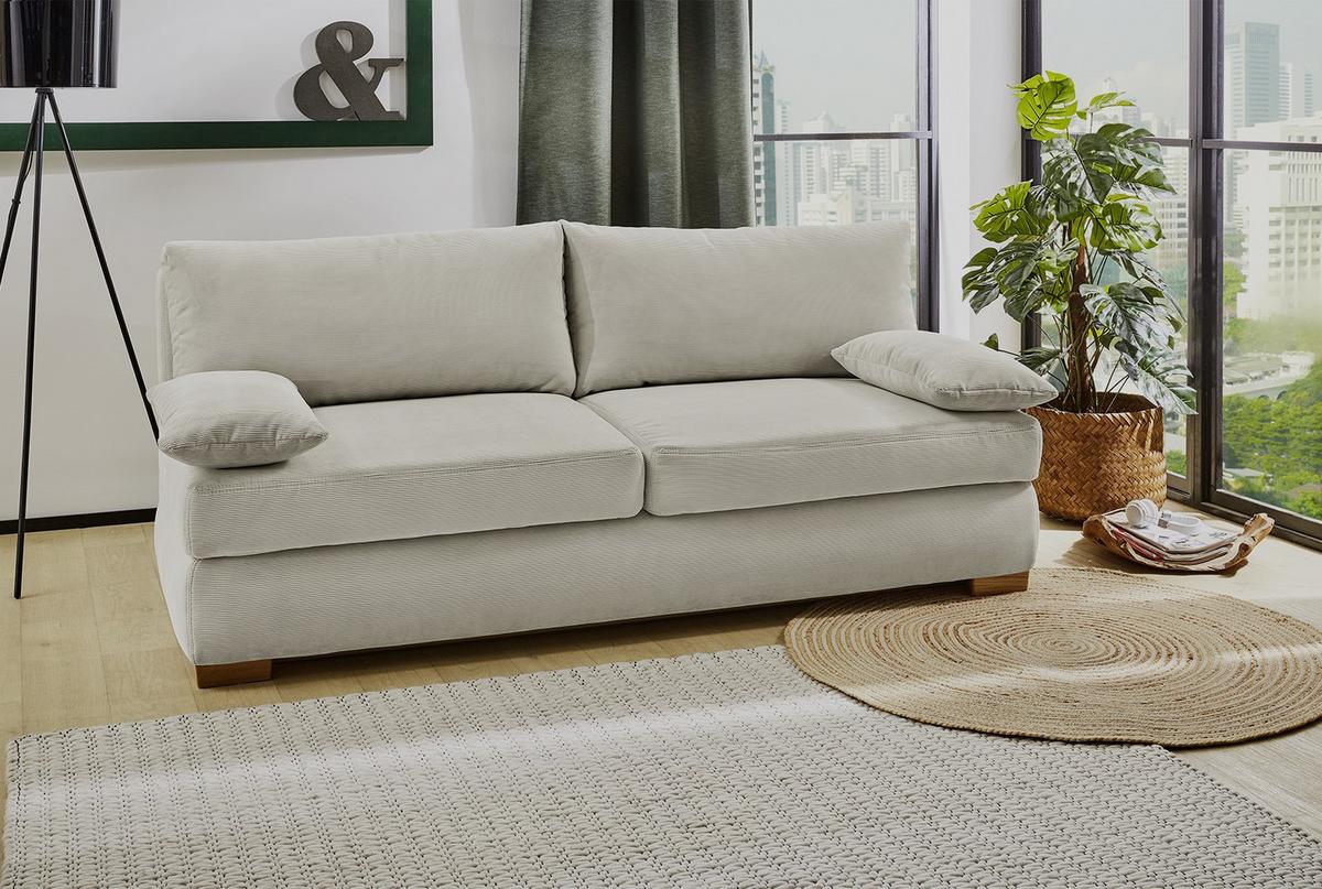 DAUER-SCHLAFSOFA Federkern Topper Bettkasten B201/T110/H88 cm, Liegefläche 160x200 cm, Feincord Beige / 15151 - Wildeiche/Eiche Bianco, Holz/Textil (201/88/110cm) - luma-home