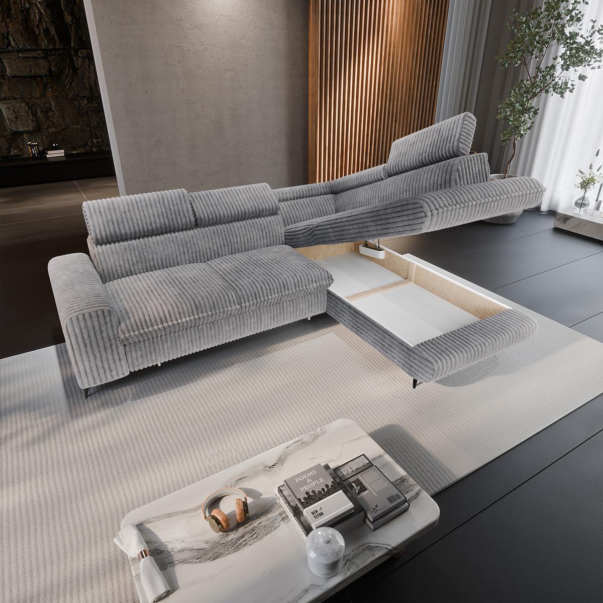ECKSOFA VELISS Hellgrau Kordstoff mit Schlaffunktion - Hellgrau, Holz (255/193cm) - MASSENO