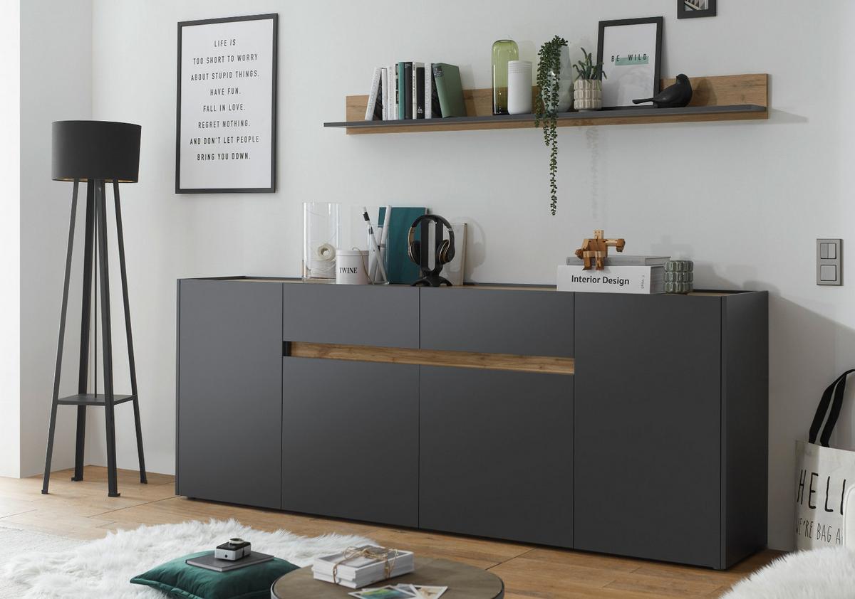 SIDEBOARD grau matt, Wotan Eiche, Kommode 220 x 87 cm mit 4 Türen und Schubladen - Anthrazit/Eiche Wotan, Holz/Holzwerkstoff (223/86/40cm) - Furn.Design