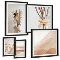 BILDER SET 5er Set - 50x50 cm & 20x30 cm & 40x60 cm Schwarzer Rahmen - Pflanzenmotive im Boho-Stil - Schwarz, Kunststoff (40/60cm) - TULUP
