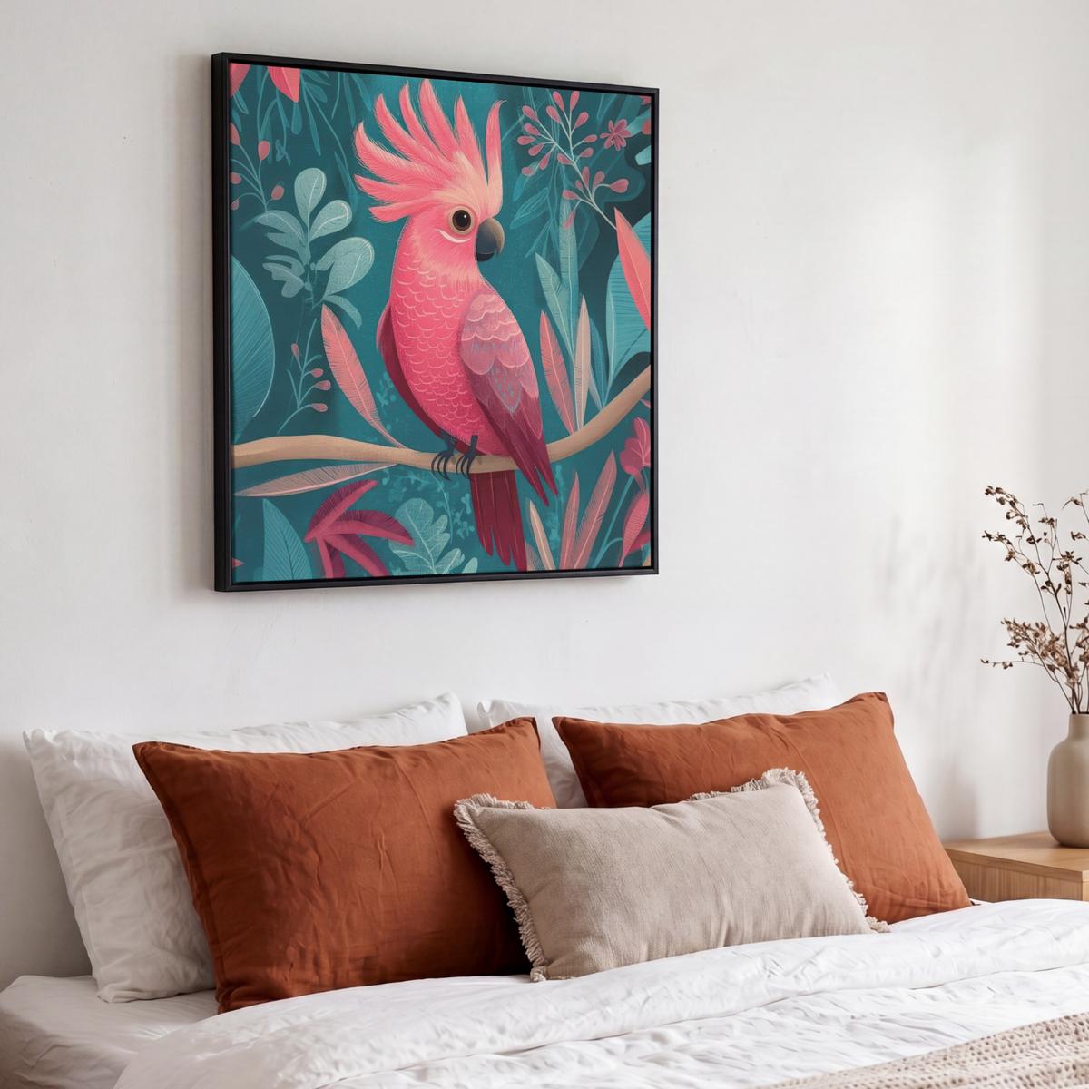 LEINWAND Bilder mit Rahmen - Kakadu - Tropische Blätter - Zweig - 50x50 - Petrol, Textil (50/50cm) - MuchoWow