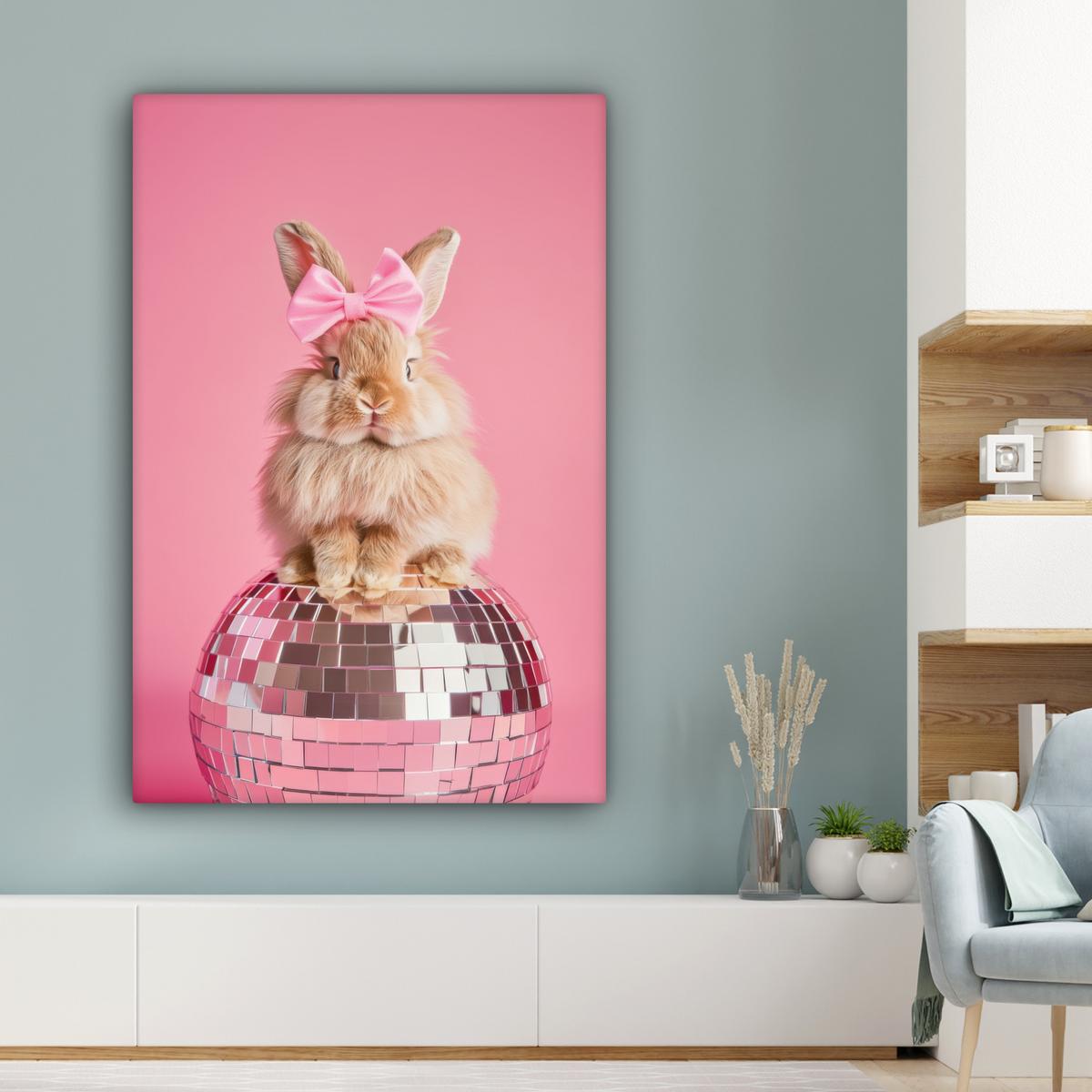 LEINWANDBILD Schleife - Discoball - Kaninchen Deko XXL 80x120 cm - Pink, Textil (80/120cm) - MuchoWow