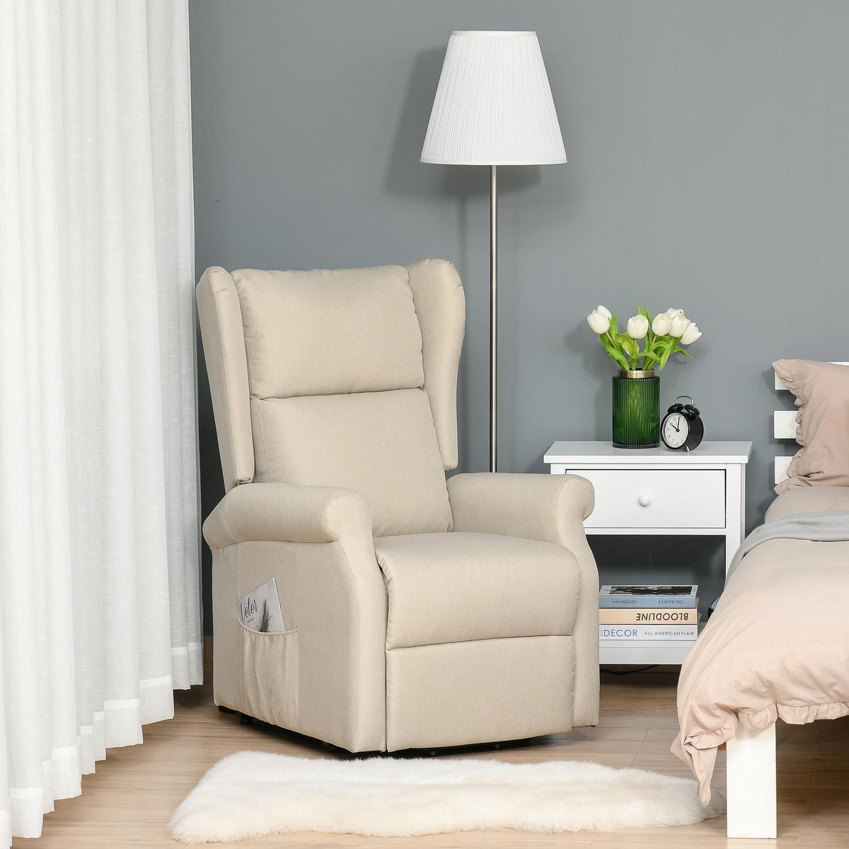 FERNSEHSESSEL mit Aufstehhilfe Leinen Cremeweiß - Creme/Schwarz, Holz/Textil (94/111/74cm) - HOMCOM
