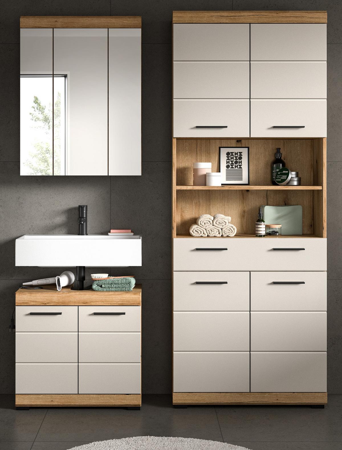 BADMÖBEL-SET Sand Kaschmir, Evoke Eiche, Badkombination 3-teilig 149 cm, viel Stauraum - Kaschmir/Eichefarben, Glas/Holzwerkstoff (149/191/34cm) - Inn.Furn