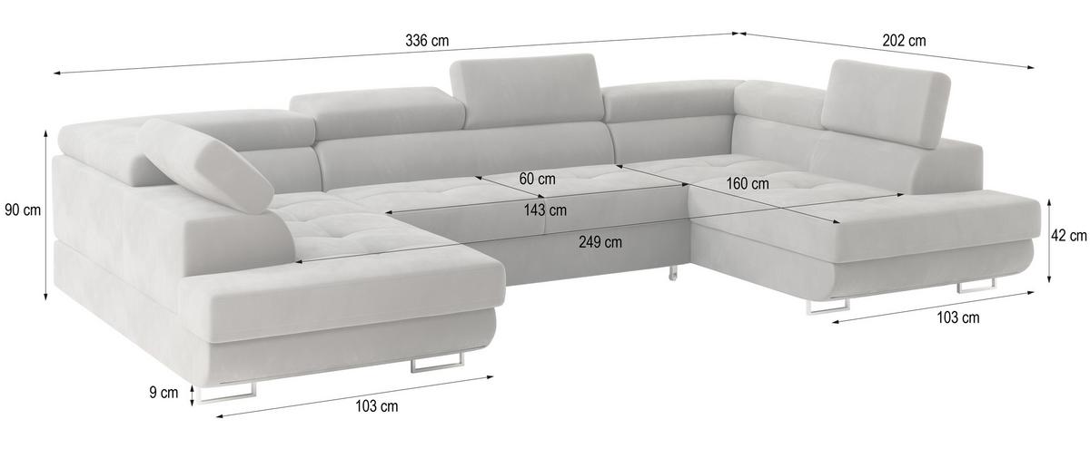 WOHNLANDSCHAFT RAGGIO Grau Velours-Stoff mit Schlaffunktion - Grau, Holz (336/90/202cm) - MASSENO