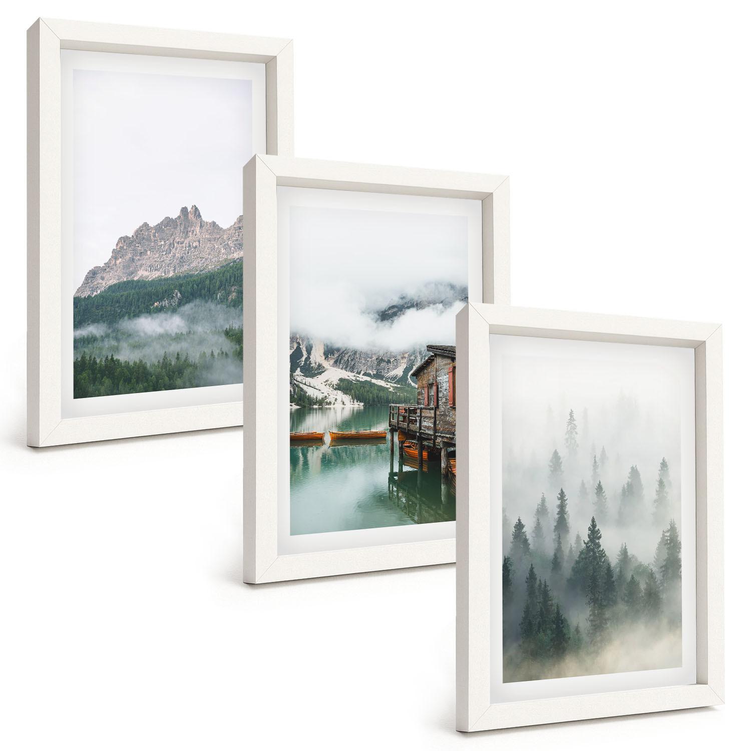 BILDER SET 3er Set - 20x30 cm Weißer Rahmen - Berge, See, Hütte, Nebel - Weiß, Kunststoff (20/30cm) - TULUP