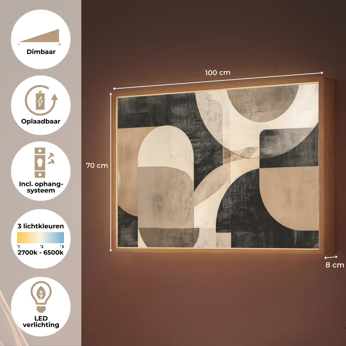WANDLEUCHTE MIT AKKU Abstrakt - Formen - Modern - Beige 100x70 cm - Grau, Holzwerkstoff (100/70/8cm) - OnlyWow