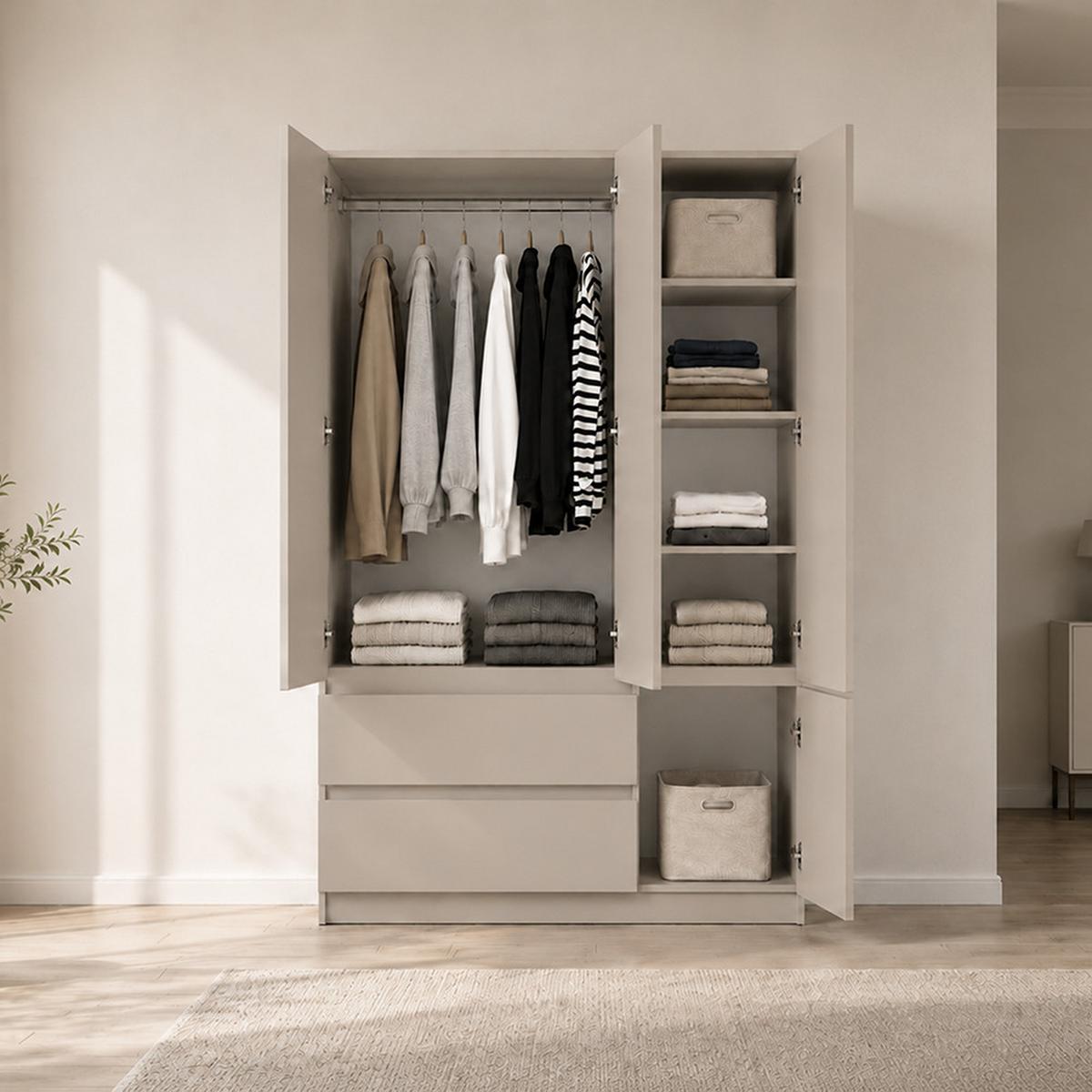 DREHTÜRENSCHRANK SOLO 4D2S II 120 cm Kaschmir/Kaschmir, 4-türig, zwei Schubladen, grifflos - Kaschmir, Holzwerkstoff (120/180/50cm) - imoebel24