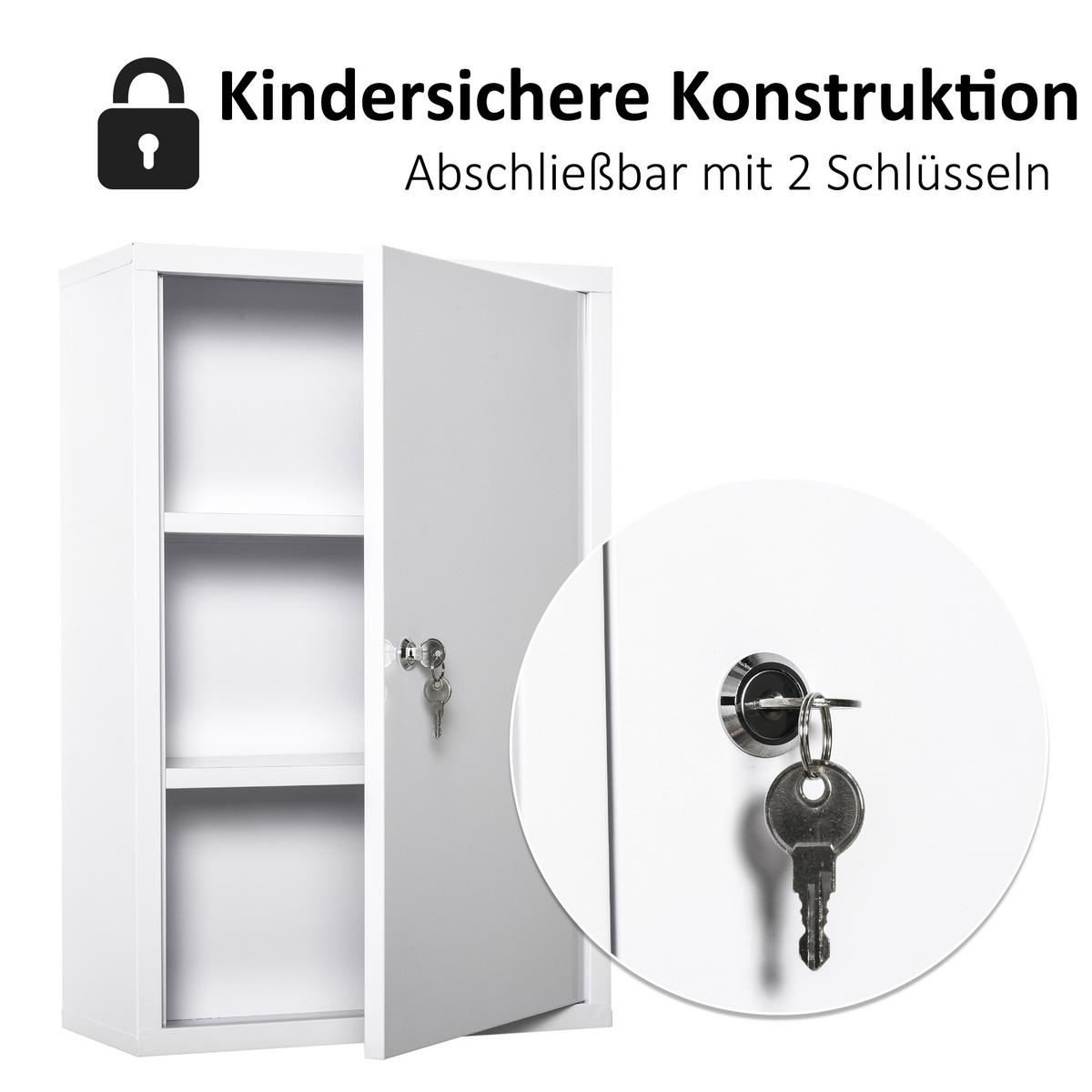 MEDIZINSCHRANK Arzneischrank Erste-Hilfe-Schrank mit Schloss 3 Fächer Stahl Weiß - Weiß, Metall (40/60/18cm) - Kleankin