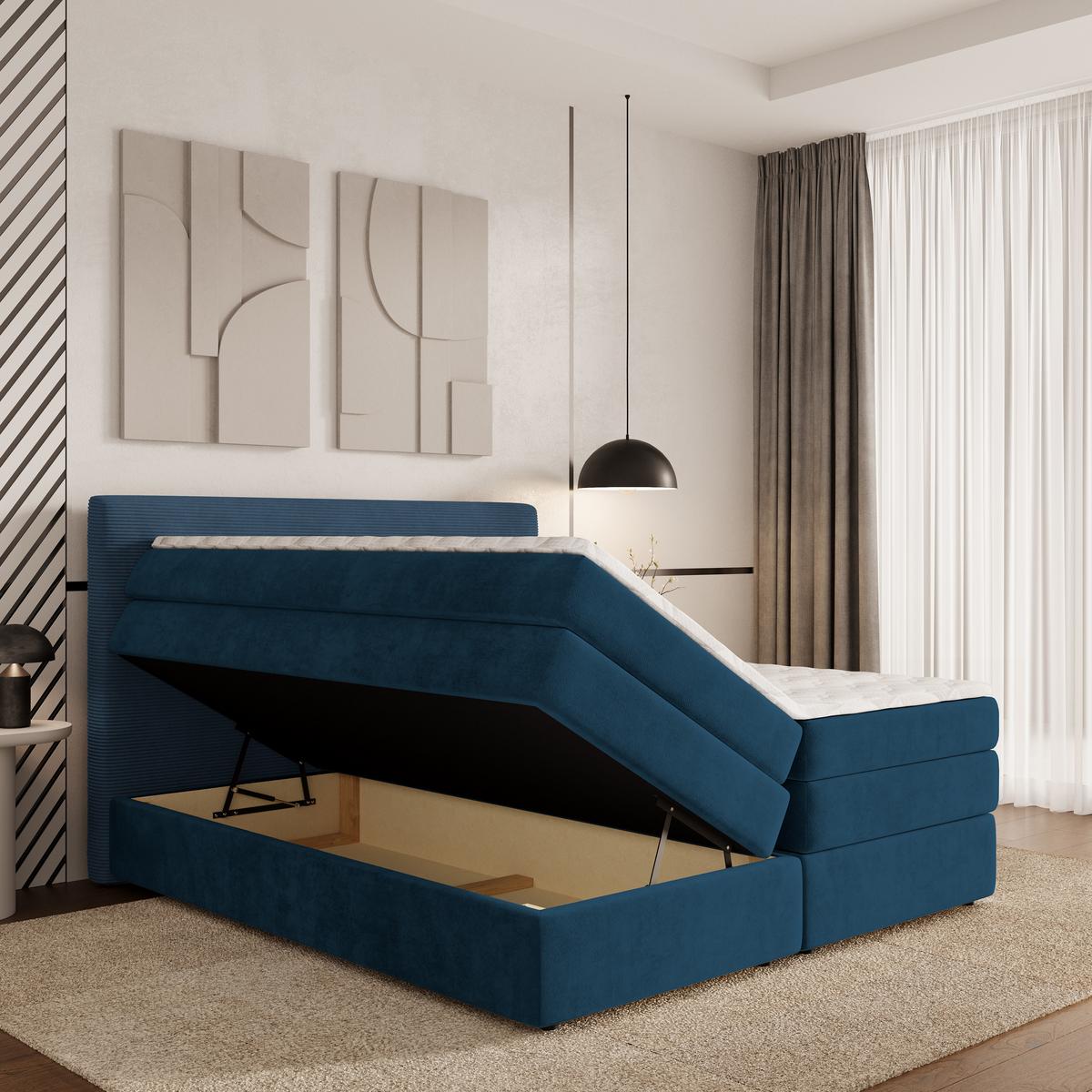 BOXSPRINGBETT MATERN 140x200 cm mit Matratze und Topper - Blau - Blau, Holz (140/200cm) - MASSENO