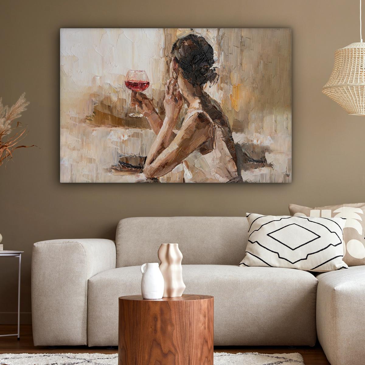 LEINWANDBILD Ölgemälde - Frau - Wein XXL 150x100 cm - Hellbraun, Textil (150/100cm) - MuchoWow